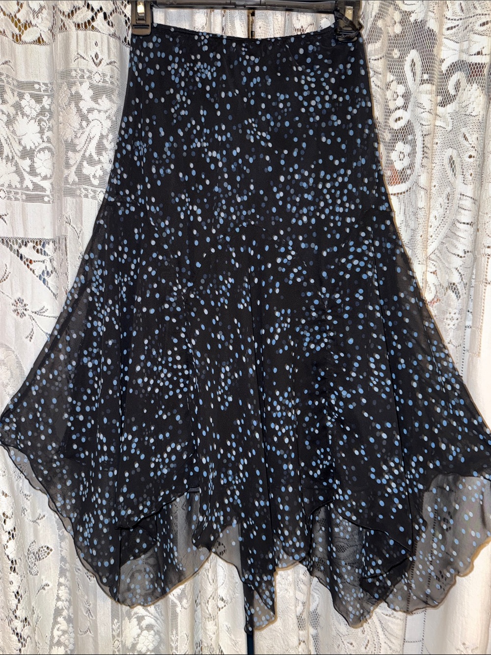 Dress Barn Black Handkerchief-Hem Skirt with Light Blue Dot Print